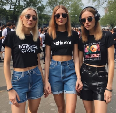 tres chicas vistiendose par air a una rave techno festival