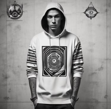 A vibrant photo of a person wearing urban techno clothing with neon lights in the background