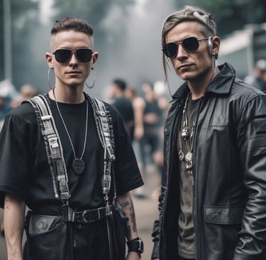 2 hombres vestidos con outfit techno underground rave industrial