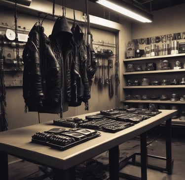 A collection of acid and rave-inspired fashion items displayed on a rustic wooden table