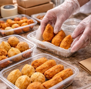 coxinhas sendo embaladas com cuidado para entrega delivery em Ribeirão preto