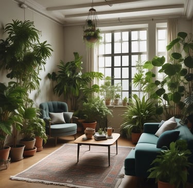 A cozy living room corner with lush green plants by the window, sunlight streaming in.