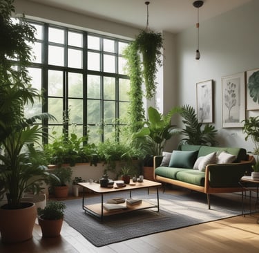 A cozy indoor corner with thriving green plants and natural sunlight filtering through a window.