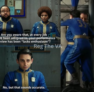 Side-by-side comparison of Norm MacLean from Fallout Season 1 (unenthusiastic employee) vs Season 2 