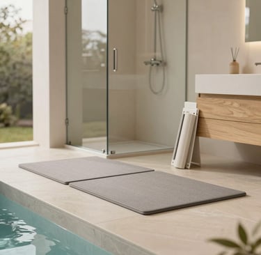 Close-up of interlocking EVA pool mats showing their textured, non-slip surface beside a sparkling pool
