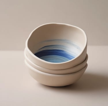 Close-up of handcrafted sea-inspired ceramic decor pieces arranged on a rustic wooden table.