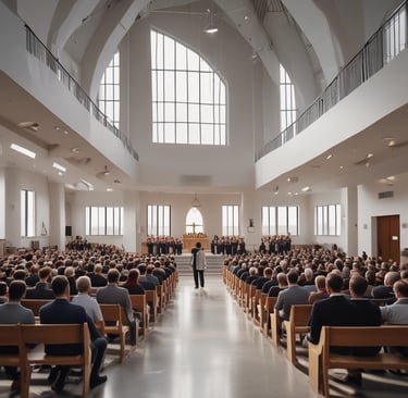 A serene gathering of people in prayer surrounded by soft glowing lights and vibrant colors.