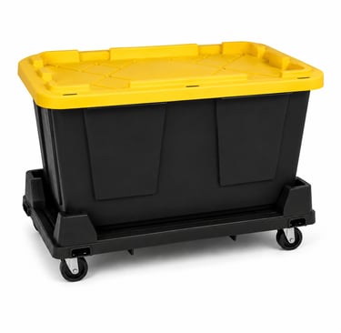 One black tote with a yellow lid on a black tote dolly
