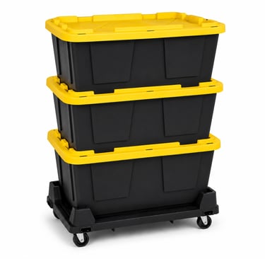 Three black totes with yellow lids on a black tote dolly