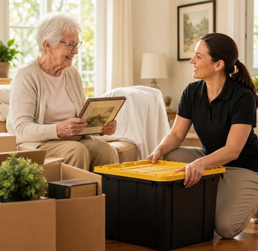 senior elderly woman packing black and yellow totes with assisted living representative