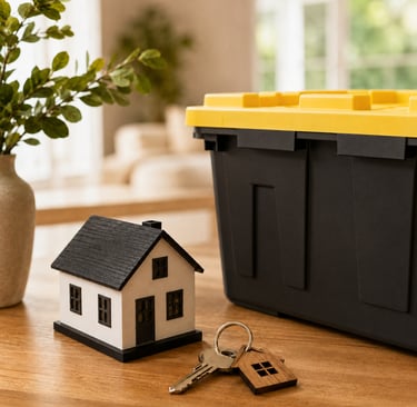 black and yellow tote sitting on a table next to keys to a house