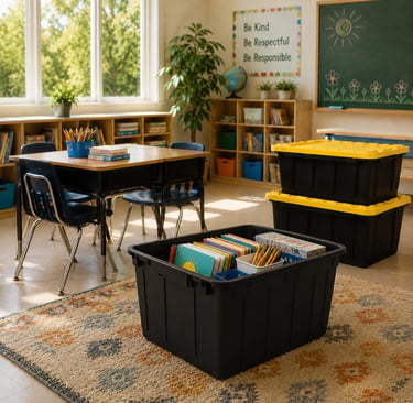 black and yellow totes packed with school supplies in a classroom