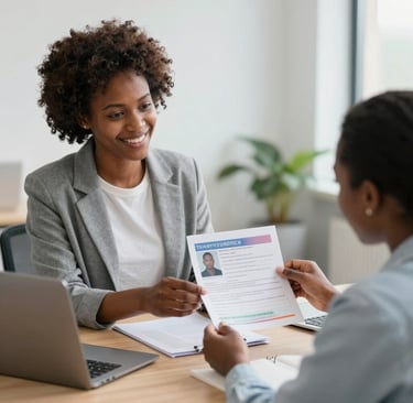 Professional consultant assisting a client with paperwork in a modern office setting.