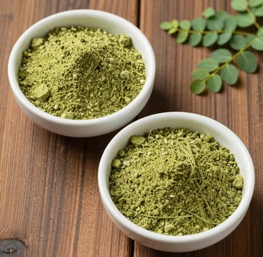 Powdered superfoods like wheatgrass and moringa leaf displayed in small bowls with fresh leaves around