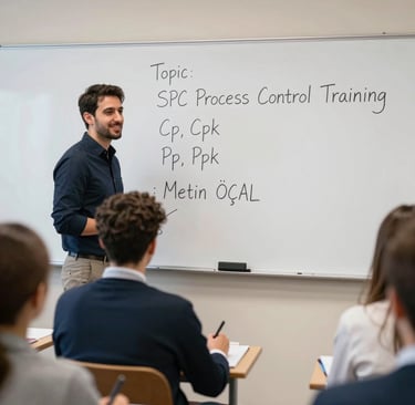 A smiling professor stands arms crossed by chalkboard.