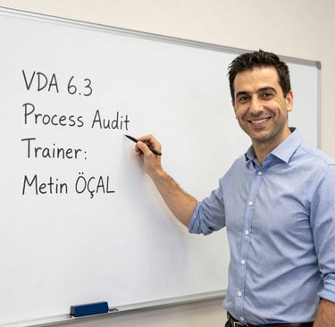 A professional instructor giving a presentation to a group around a conference table with a light blue background.
