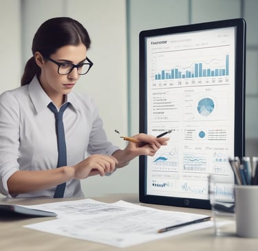 A focused consultant analyzing financial charts on a sleek laptop in a minimalist office.
