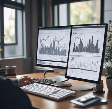 A clean, modern workspace with a laptop displaying financial charts and a cup of coffee nearby.