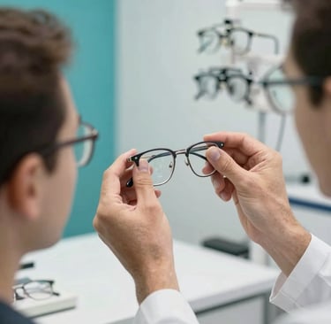 A close-up photograph of a professional optician in a clean, modern Indiana eye care clinic, carefully adjusting a pair of stylish frames for a patient. The lighting is bright and professional, featuring a palette of white and teal. North American / US / Indiana setting.