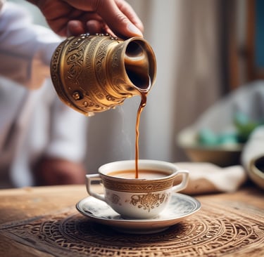 A beautifully arranged traditional Nubi hospitality setup with Arabic coffee pots and cups on a decorated table.