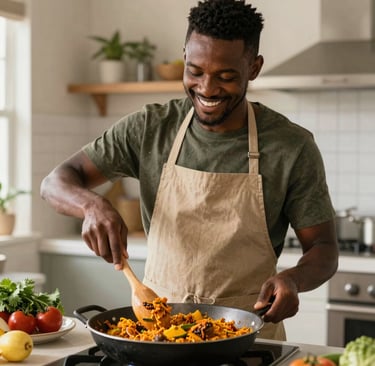 A warm, inviting scene of a home-cooked Caribbean meal infused with spices from our store.
