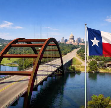 Puente Pennybacker en Austin y bandera de Texas ondeando, invitando a familias que planean mudarse