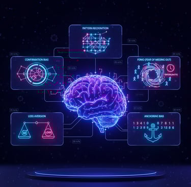 Cognitive biases mind-map showing how investor decisions are influenced by FOMO, loss aversion, anch