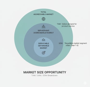 TAM, SAM, SOM diagram showing total market, serviceable market, and obtainable market for a startup.