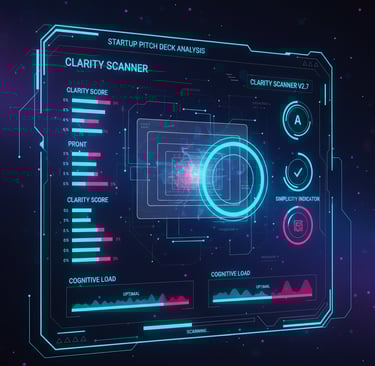 Holographic clarity scanner analyzing a pitch deck’s simplicity, coherence, and cognitive load