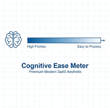 Minimal cognitive ease meter showing how simpler narratives reduce mental friction for investors.