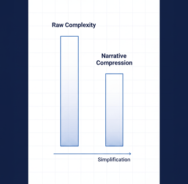 Minimal infographic comparing raw complexity to narrative compression in startup storytelling.