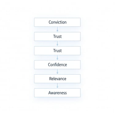 Clean ladder diagram showing the six investor belief stages: awareness, understanding, relevance, co