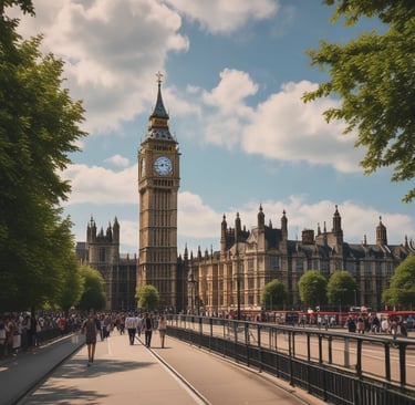 A Royal Travels vehicle cruising along a scenic countryside road with rolling green hills in the background.