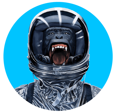 Chimpanzee wearing space helmet, screaming