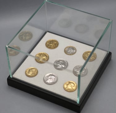 A row of Magic: The Gathering cards in protective sleeves displayed on a dark wood surface.