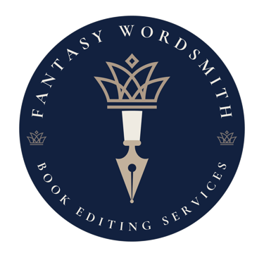 Fantasy Wordsmith logo featuring a fountain pen nib topped with a crown for book editing services.