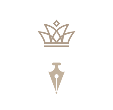 Elegant gold fountain pen nib logo with a crown icon on a black background.