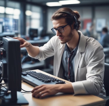A friendly technician assisting a client over the phone in a modern office environment.