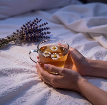 A comforting close-up photograph of hands holding a warm mug of herbal chamomile tea on a bed, surrounded by soft white linen blankets and dried lavender sprigs. Soft evening side lighting creating gentle shadows in a warm petrol blue and soft lavender toned room in Brazil.