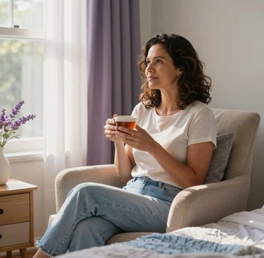 A serene Brazilian woman in her late 40s sitting peacefully on a soft beige armchair near a sunny window, holding a warm ceramic cup of tea. Warm morning light filters through sheer curtains into a cozy bedroom decorated with lavender accents, light wooden nightstand, and soft petrol blue textiles. Gentle, peaceful atmosphere.