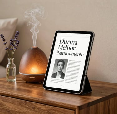 A realistic photo of a modern tablet standing on a wooden nightstand displaying a digital ebook cover with clean typography titled Durma Melhor Naturalmente. Next to the tablet sits an essential oil diffuser releasing gentle mist and a small glass vase with fresh lavender, under warm lighting in a South American bedroom.