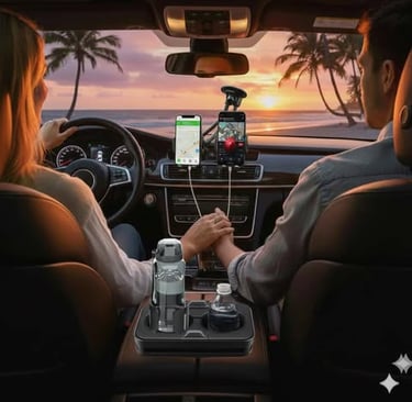 Couple holding hands in a car using navigation and charging gadgets during a sunset road trip