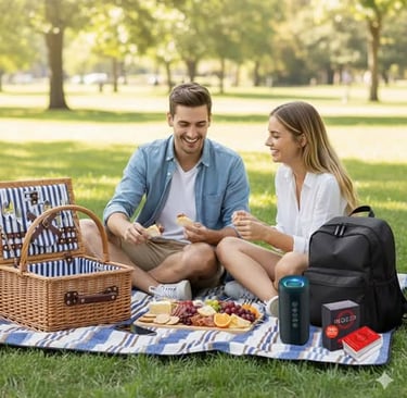 Couple enjoying a picnic together with food and essentials laid out in a park setting
