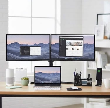 Clean modern workspace with a laptop, dual monitor, wireless keyboard, mouse, smart speaker
