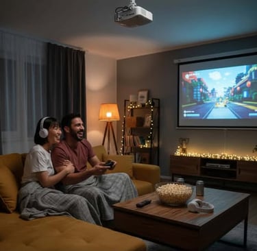 Couple enjoying movie and game night with a projector, controller, popcorn, headphones, and remotes