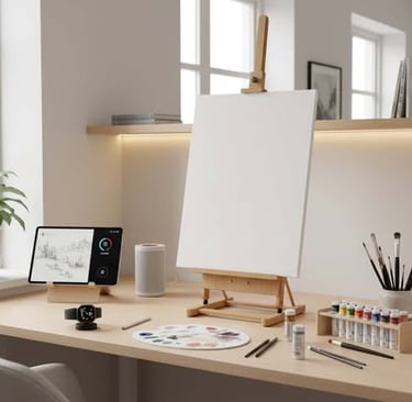 Modern workspace with a blank canvas, art supplies, tablet, smartwatch dock, and smart speaker