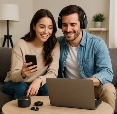 Couple using modern gadgets and smart home items that make daily life easier together.