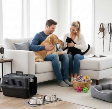 Couple with their dog and cat surrounded by pet essentials a carrier, bowls, leash, treats, and toys