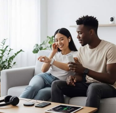 Couple using smart tech like earbuds, smartwatch, smart speaker, and security camera at home