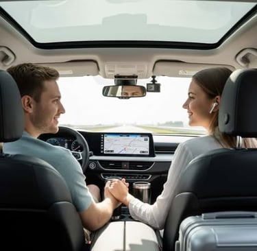 Couple in a modern car using GPS, dashcam, earbuds, travel cups, a carry-on for a tech-ready trip